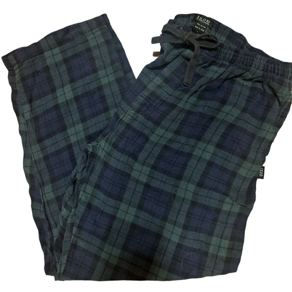 Izod men’s plaid pajama pants. Flannel cotton blend. Hunter green, navy blue. Lg